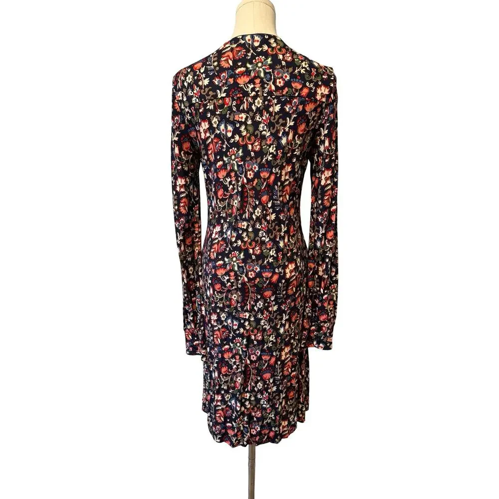Tory Burch Navy Floral Shift Dress Long Sleeve Keyhole Neck Rayon Size small